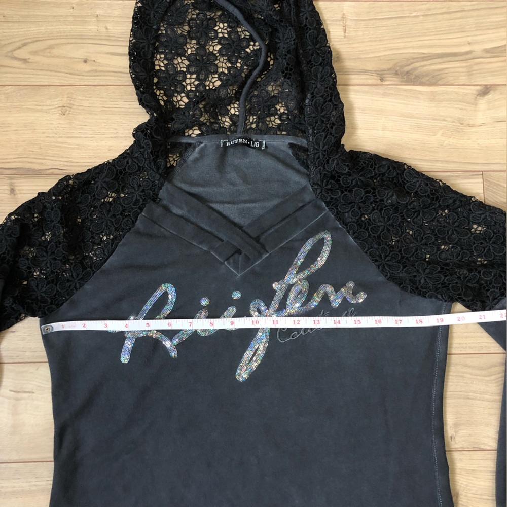 Women’s Rufen Charcoal Gray & Black Lace detail Sweatshirt size L - Picture 6 of 10